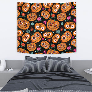 Pumpkin Flowers Spiderweb Halloween Theme Wall Tapestry