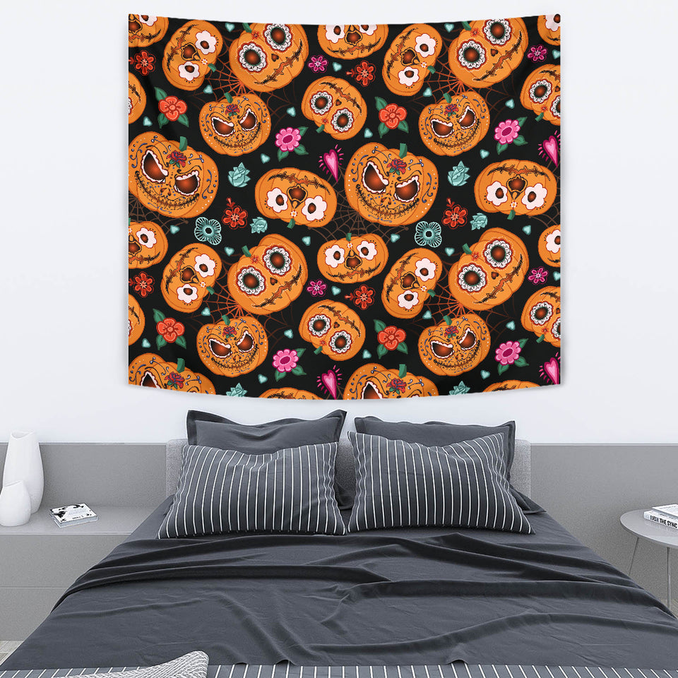 Pumpkin Flowers Spiderweb Halloween Theme Wall Tapestry