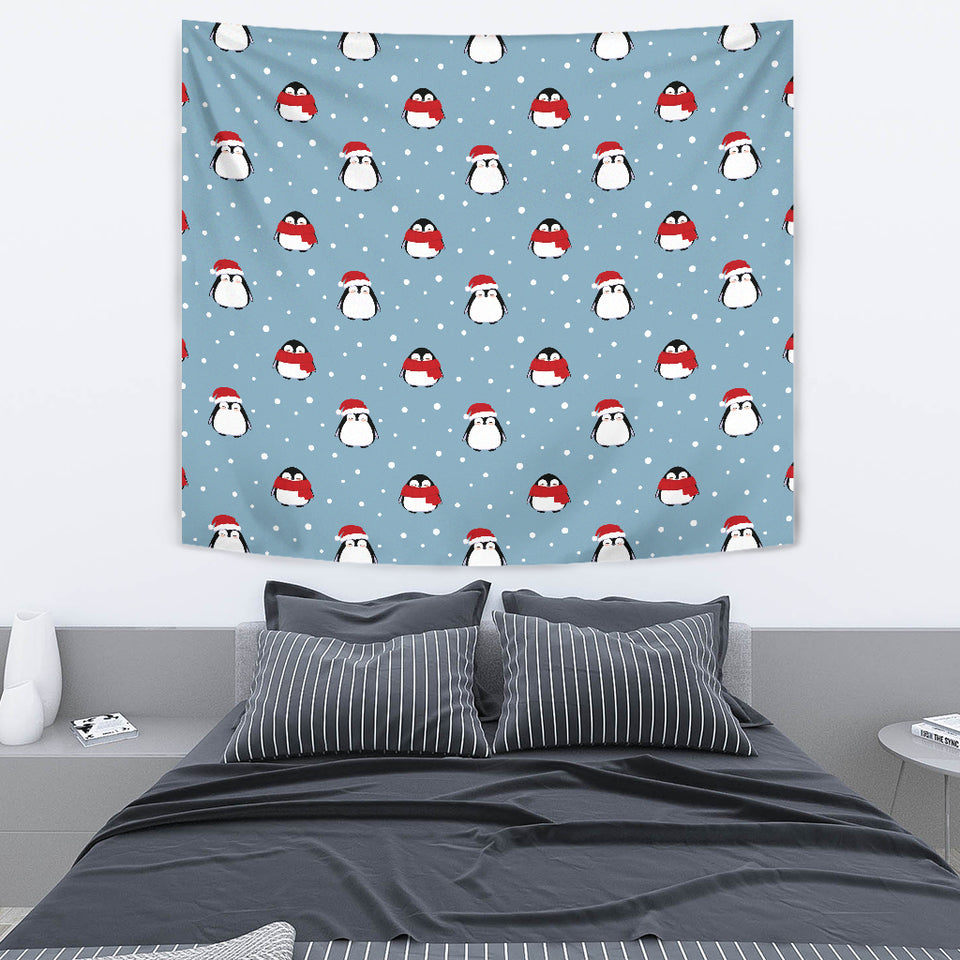 Cute Penguin Christmas Snow Pattern Wall Tapestry
