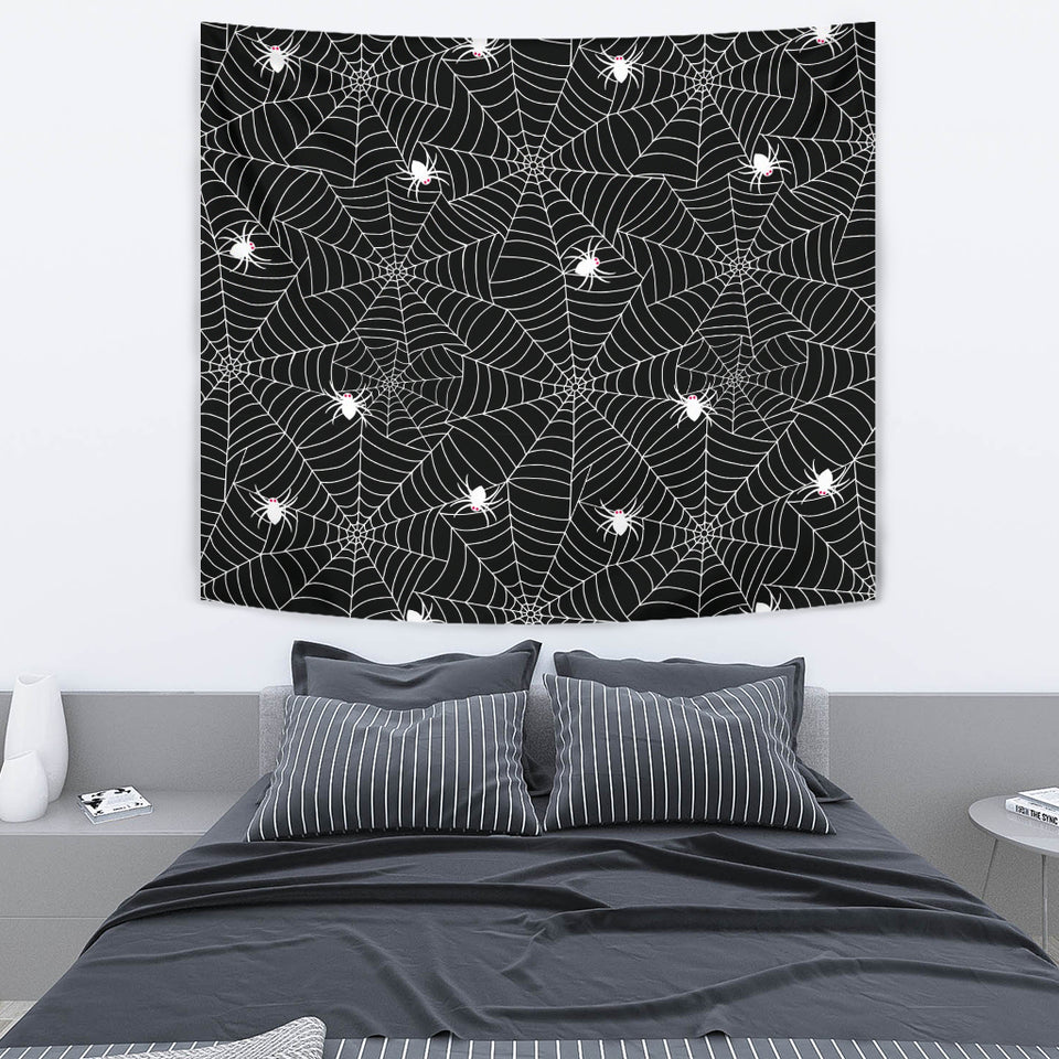 Spider Web Design Pattern Black Background White Cobweb Wall Tapestry