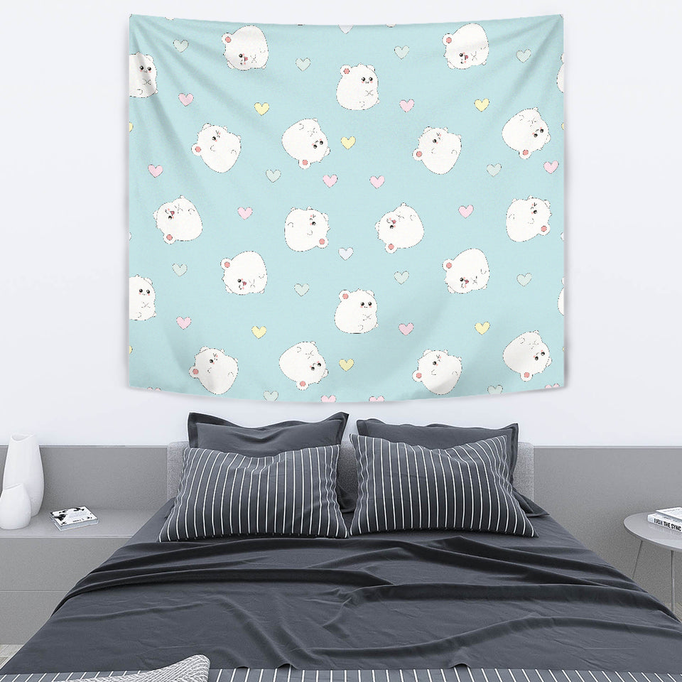 White Cute Hamsters Heart Pattern Wall Tapestry