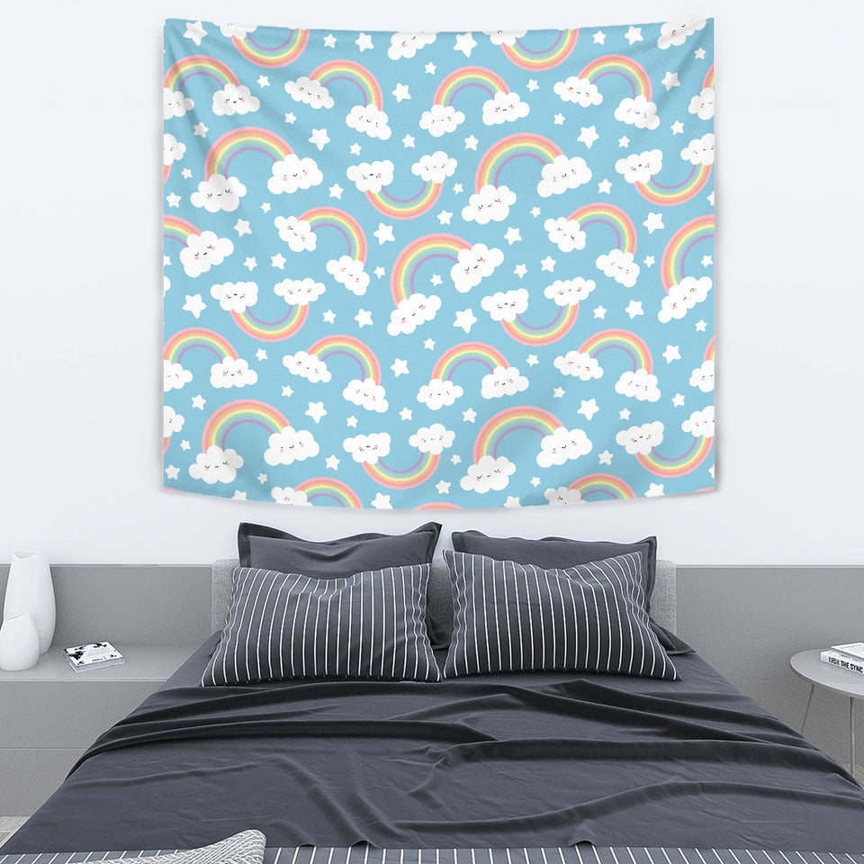 Cute Rainbow Clound Star Pattern Blue Background Wall Tapestry