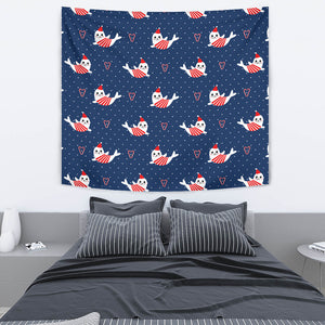 Cute Sea Lion Seal Christmas Hat Candy Cane Heart Pattern Wall Tapestry
