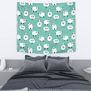 Cute Sheep Green Background Wall Tapestry