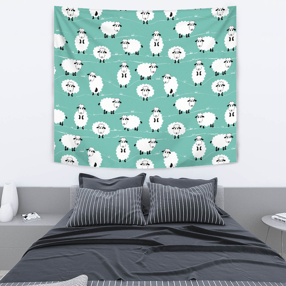 Cute Sheep Green Background Wall Tapestry