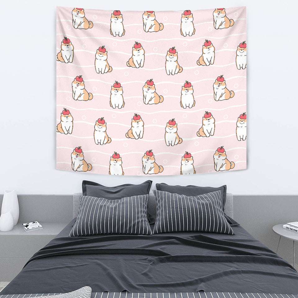 Cute Shiba Inu Dog Apple Pattern Wall Tapestry