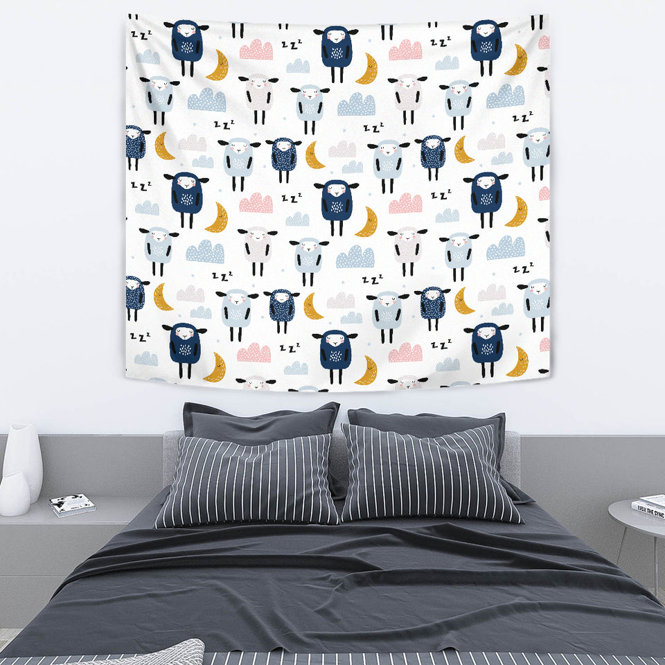Cute Sleeping Sheep Moon Cloud Pattern Wall Tapestry