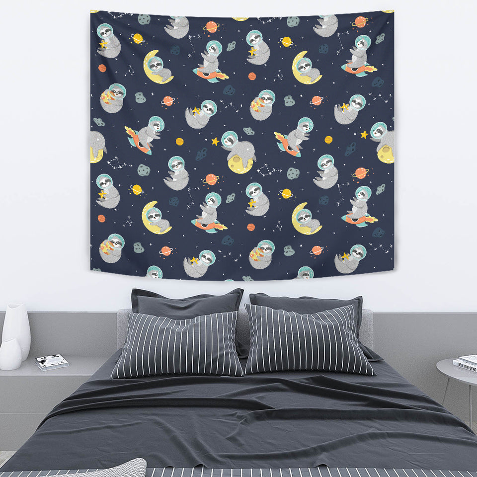 Cute Sloth Astronaut Star Planet Rocket Pattern Wall Tapestry