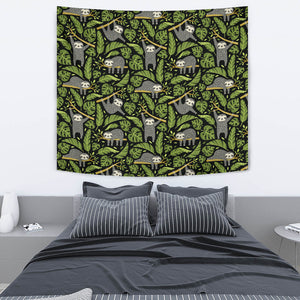 Cute Sloths Tropical Palm Leaves Black Background Wall Tapestry