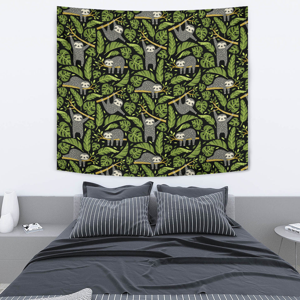 Cute Sloths Tropical Palm Leaves Black Background Wall Tapestry