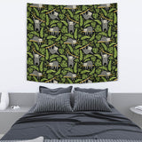 Cute Sloths Tropical Palm Leaves Black Background Wall Tapestry