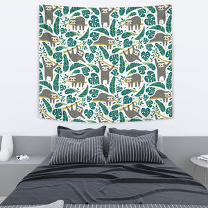 Cute Sloths Tropical Palm Leaves White Background Wall Tapestry