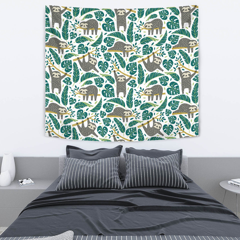Cute Sloths Tropical Palm Leaves White Background Wall Tapestry