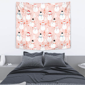 Cute Snowman Christmas Tree Snowpink Background Wall Tapestry
