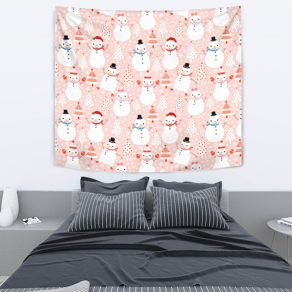 Cute Snowman Christmas Tree Snowpink Background Wall Tapestry