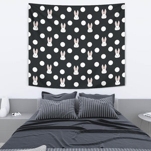 Cute White Rabbit Polka Dots Black Background Wall Tapestry