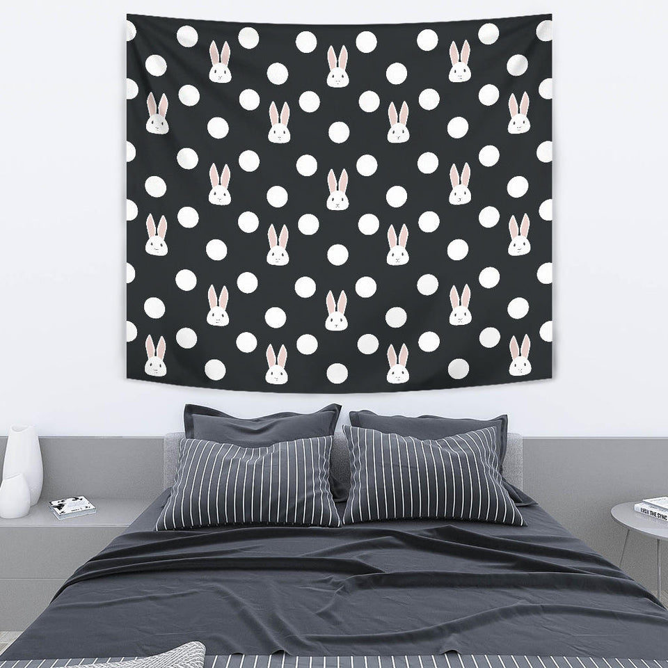 Cute White Rabbit Polka Dots Black Background Wall Tapestry