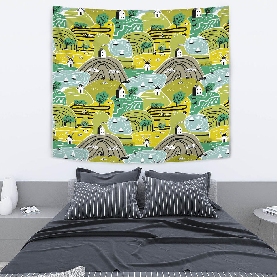 Hand Drawn Windmill Pattern Wall Tapestry