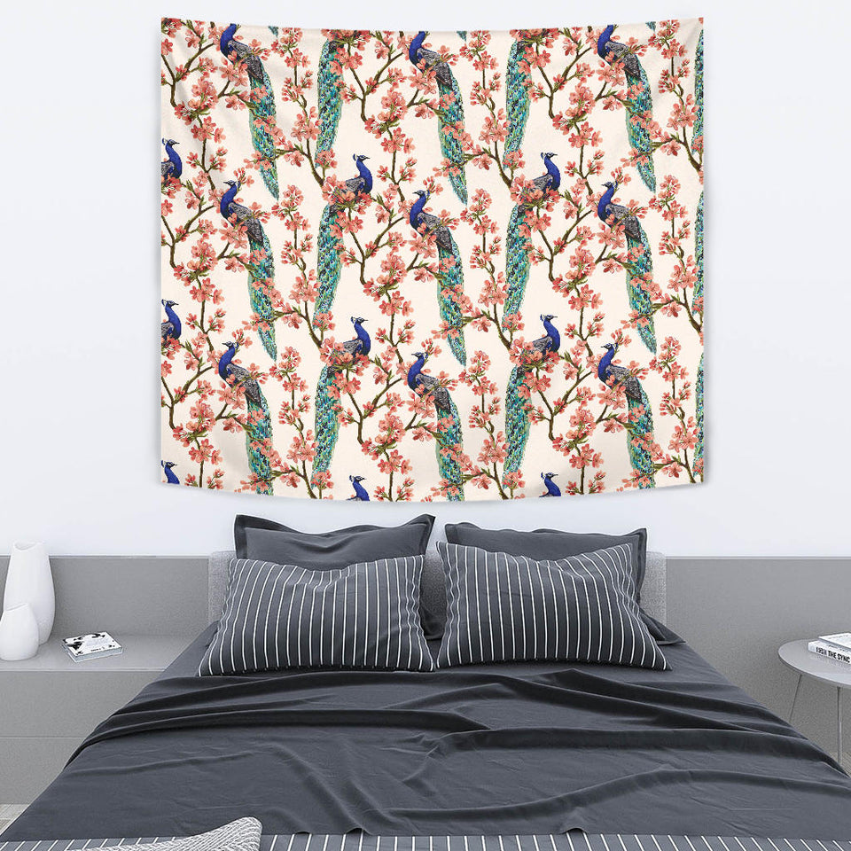 Peacock Tropical Flower Pattern Wall Tapestry