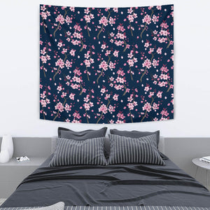 Pink Sakura Cherry Blossom Blue Background Wall Tapestry