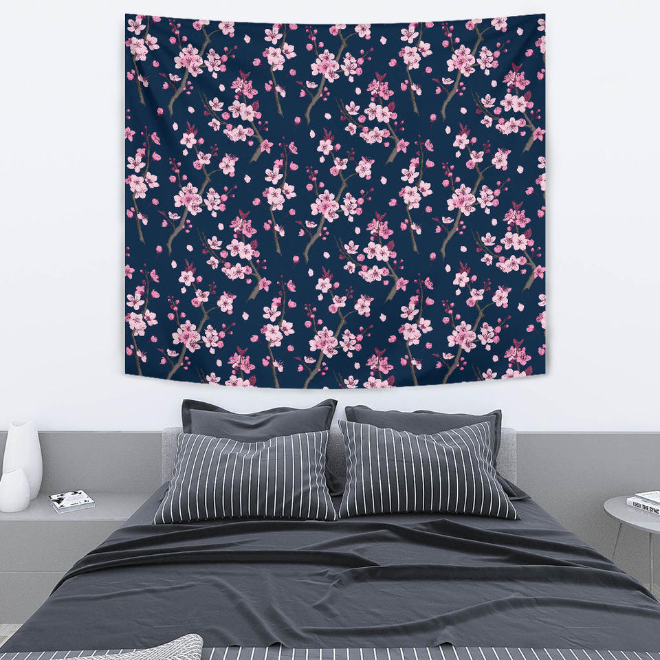Pink Sakura Cherry Blossom Blue Background Wall Tapestry