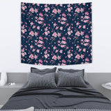 Pink Sakura Cherry Blossom Blue Background Wall Tapestry