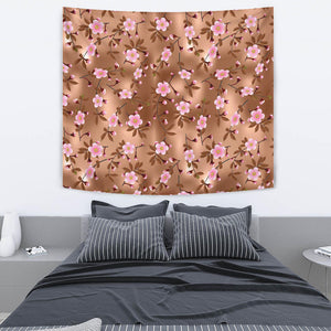 Pink Sakura Cherry Blossom Drak Brown Background Wall Tapestry