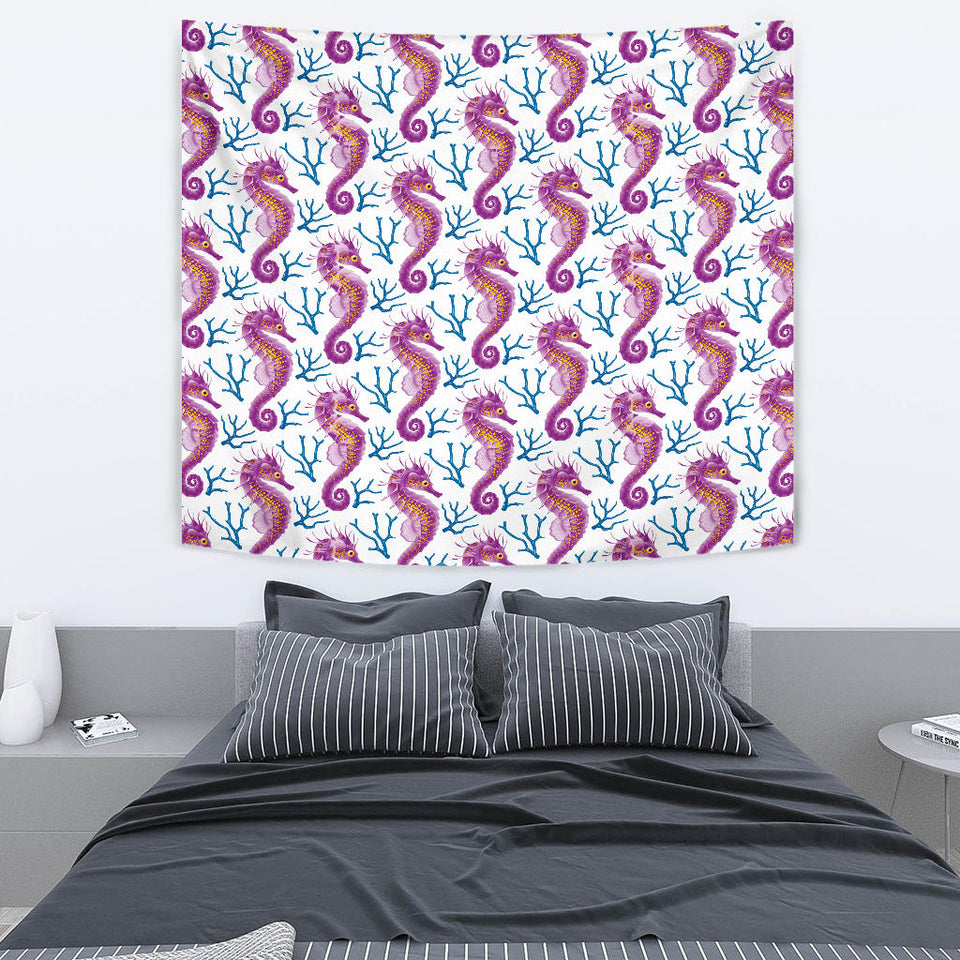 Purple Seahorse Blue Coral Pattern Wall Tapestry