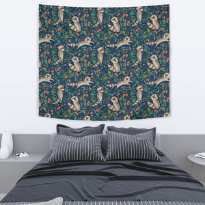 Raccoon Tropical Leaves Pattern Wall Tapestry