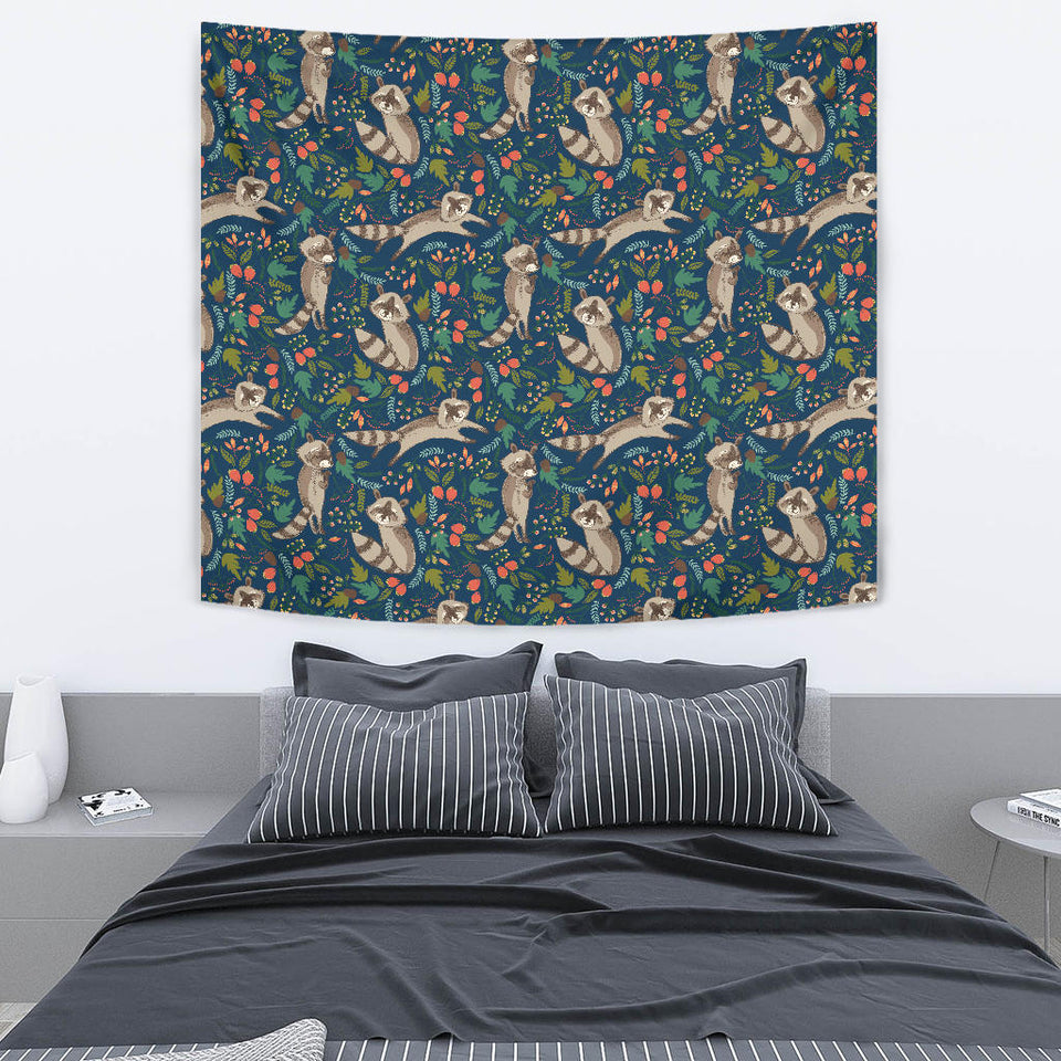 Raccoon Tropical Leaves Pattern Wall Tapestry
