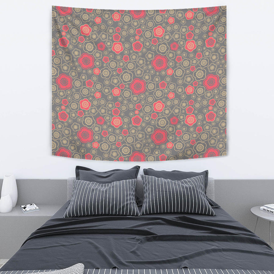 Red Gold Sakura Cherry Blossom Gray Background Wall Tapestry