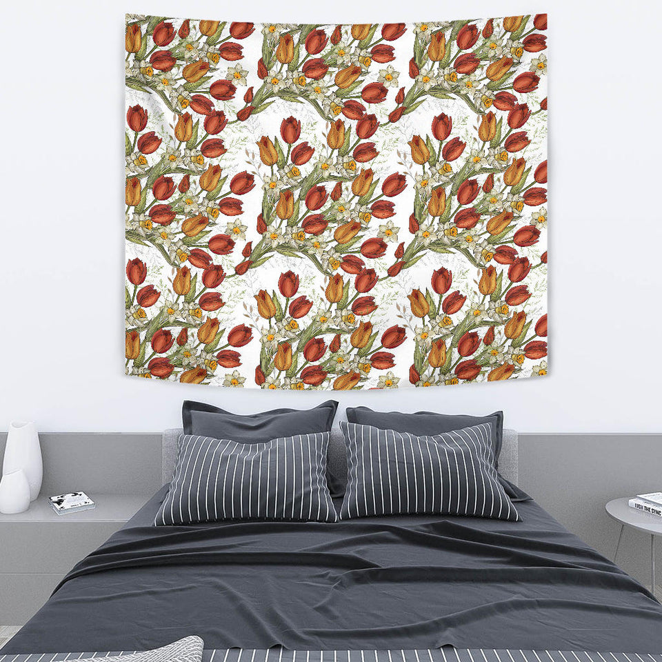 Red Tulips And Daffodils Pattern Wall Tapestry