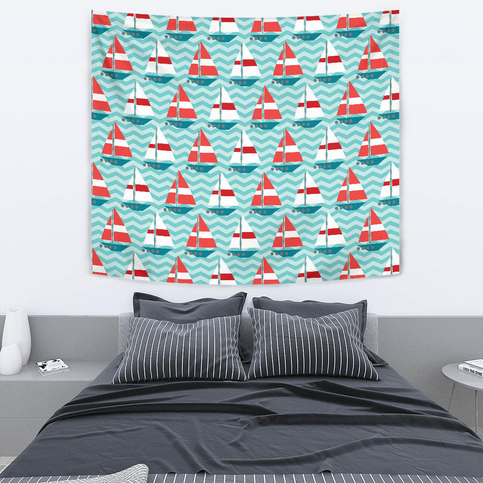 Red White Sailboat Wave Background Wall Tapestry
