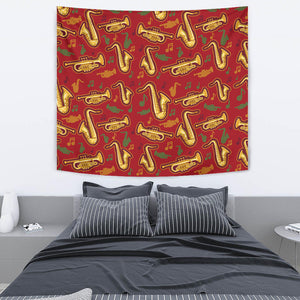 Saxophone Cornet Pattern Red Background Wall Tapestry