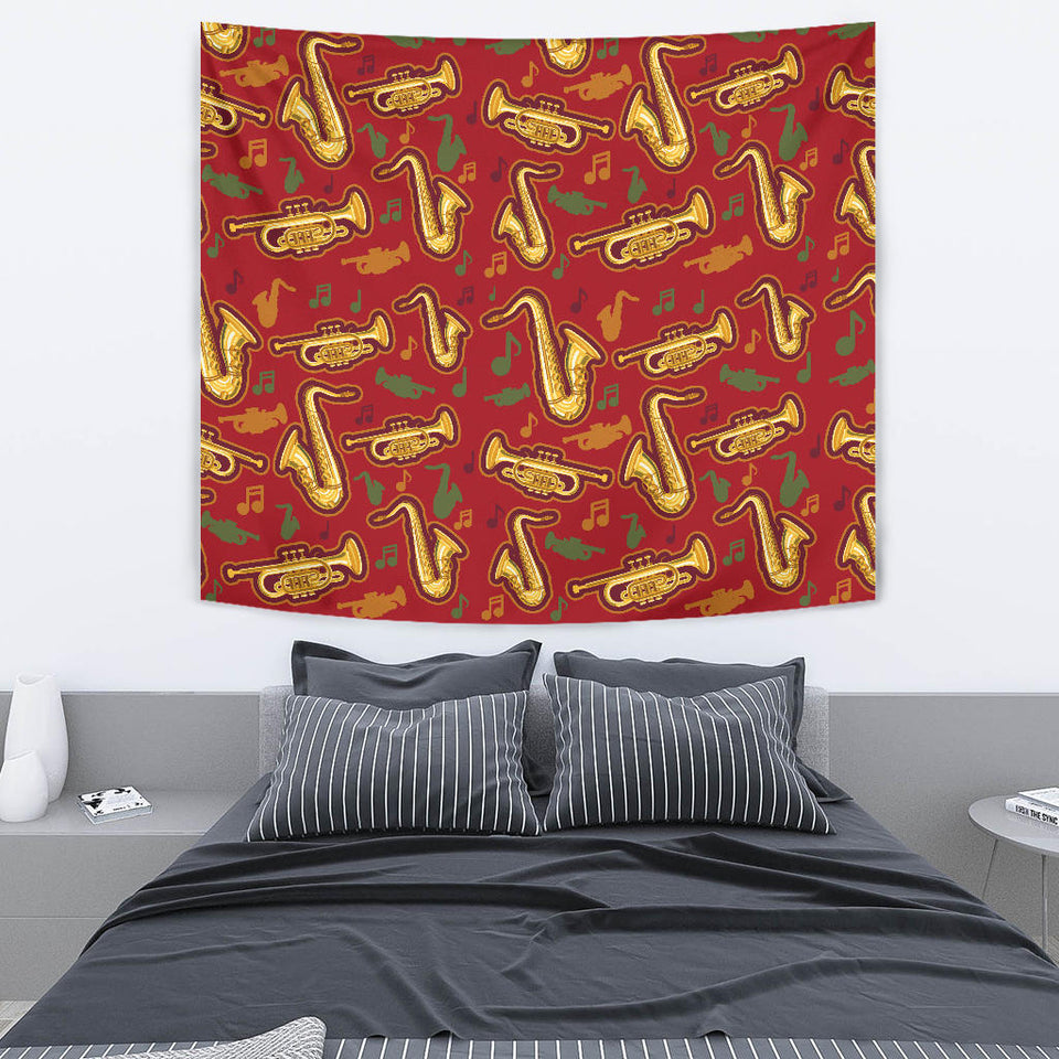 Saxophone Cornet Pattern Red Background Wall Tapestry