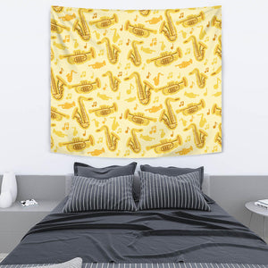 Saxophone Cornet Pattern Yellow Background Wall Tapestry