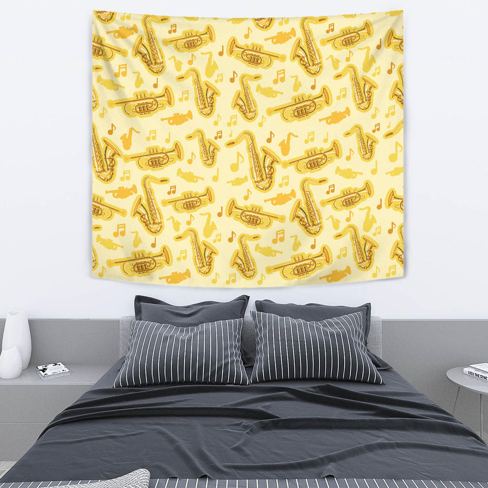Saxophone Cornet Pattern Yellow Background Wall Tapestry