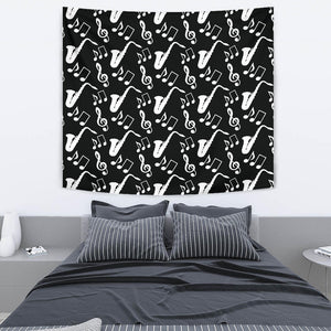 Saxophone Music Notes Treble Clef Black White Theme Wall Tapestry