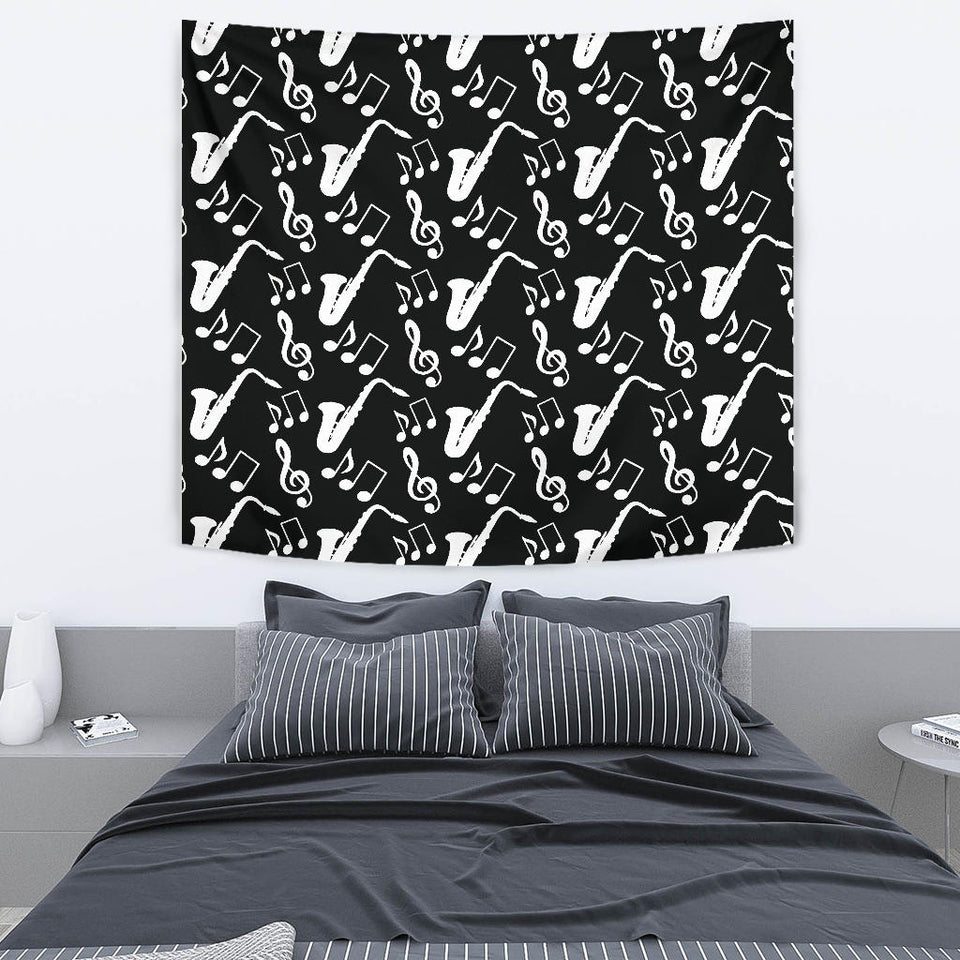 Saxophone Music Notes Treble Clef Black White Theme Wall Tapestry