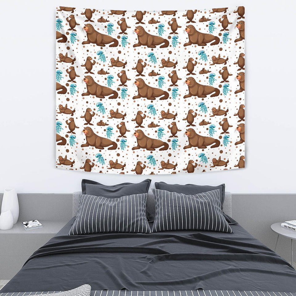 Sea Lion Seals Jellyfish Pattern Wall Tapestry
