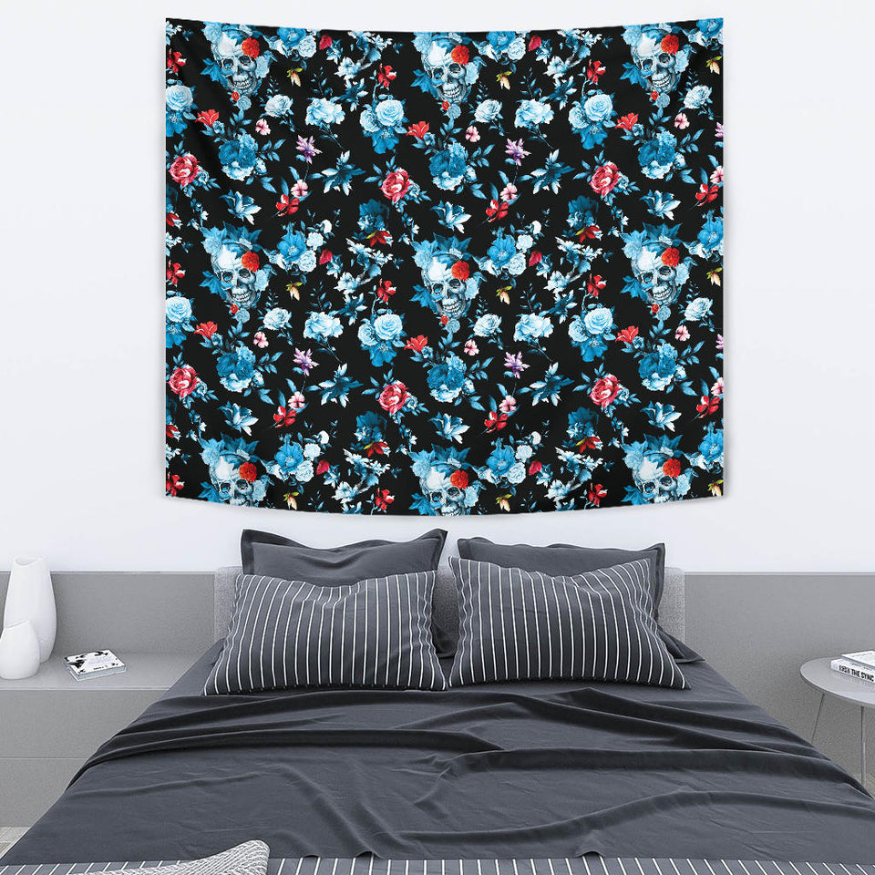 Skull Flower Roses Leave Pattern Wall Tapestry