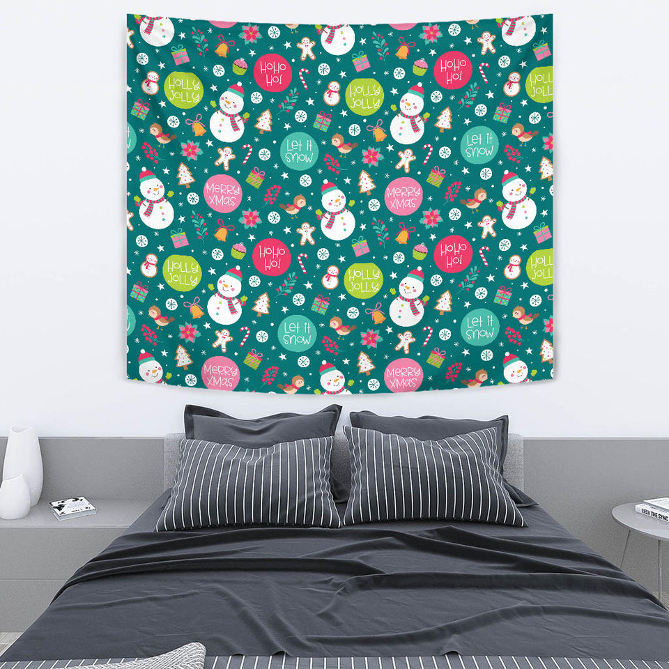Snowman Bird Decorative Elements Christmas Pattern Wall Tapestry
