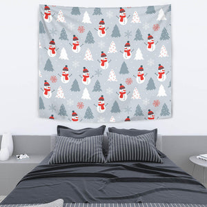 Snowman Christmas  Tree Snow Gray Background Wall Tapestry
