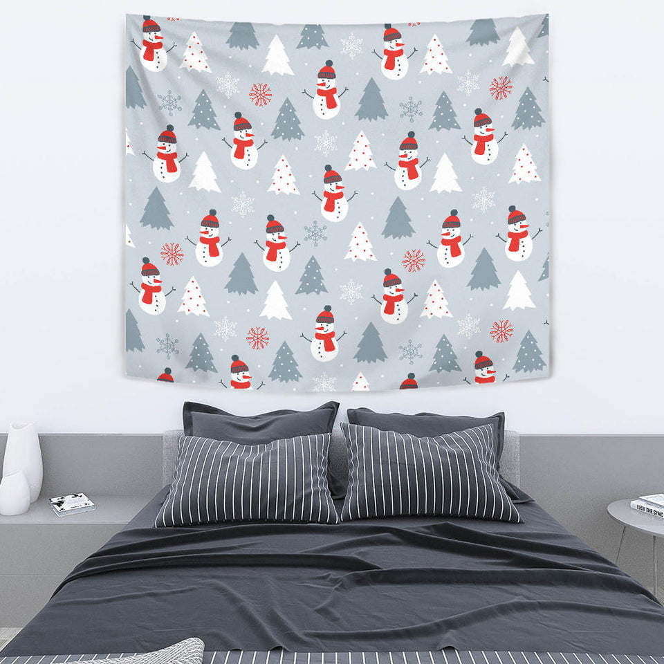 Snowman Christmas  Tree Snow Gray Background Wall Tapestry