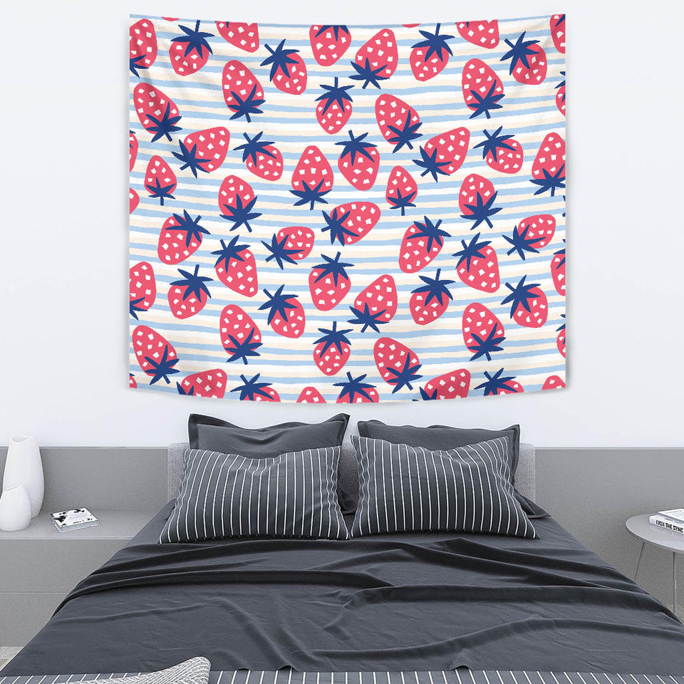 Strawberry Pattern Blue Lines Background Wall Tapestry