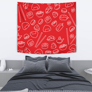 Sushi Pattern Red Background Wall Tapestry