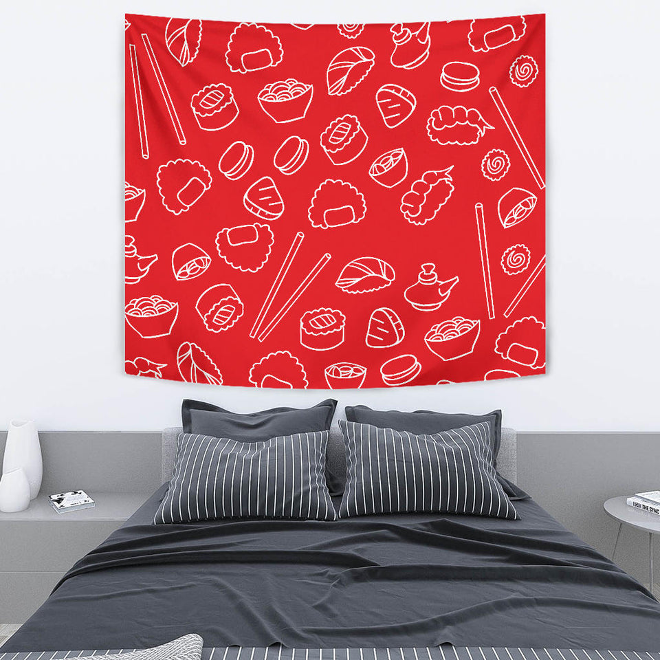 Sushi Pattern Red Background Wall Tapestry