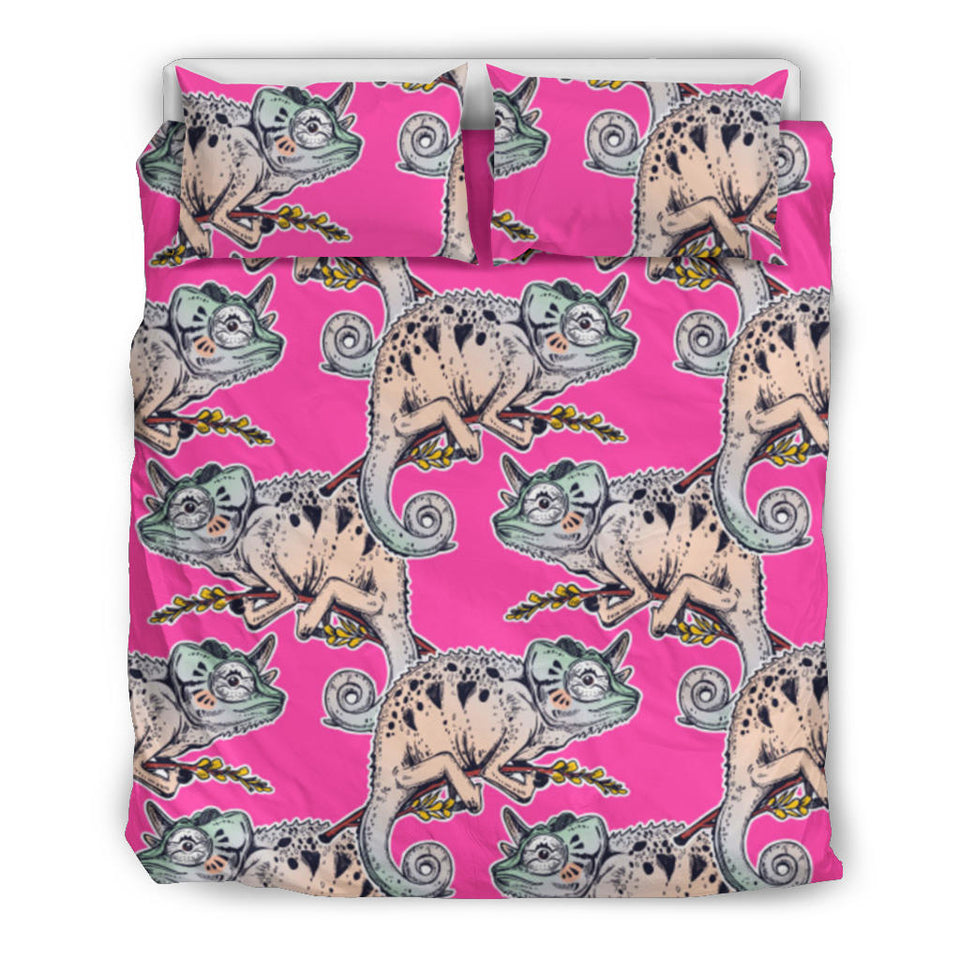 Chameleon Lizard Pattern Pink Background  Bedding Set