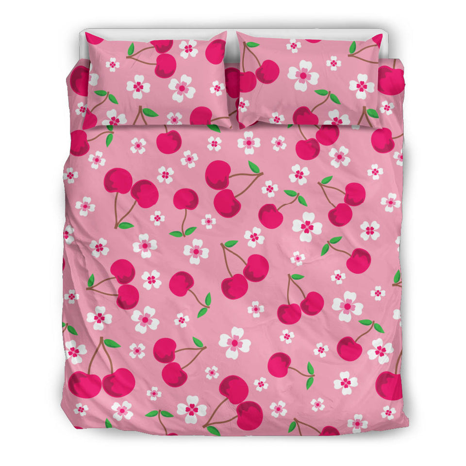 Cherry Flower Pattern Pink Background  Bedding Set
