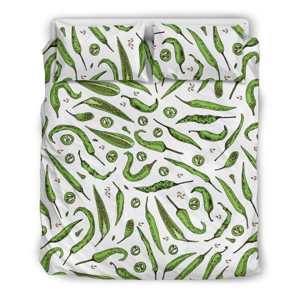 Hand Drawn Sketch Style Green Chili Peppers Pattern  Bedding Set